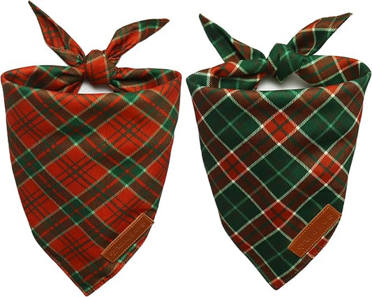 Realeaf Christmas Dog Bandanas 2 Packs, Reversible Red Green Plaid Dog Scarf, Xmas Pet Bandana, Premium Durable Fabric, Holiday Check Bandana for Large and Extra Large Dogs Pets (X-Large)