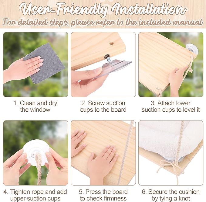 MCEAST Cat Window Perch with Cushion Bed Fluffy Blanket 4 Strong Suction Cups Hanging Window Shelf Easy to Install Solid Window Hammock for Small Medium Indoor Cats, Natural Wood Color