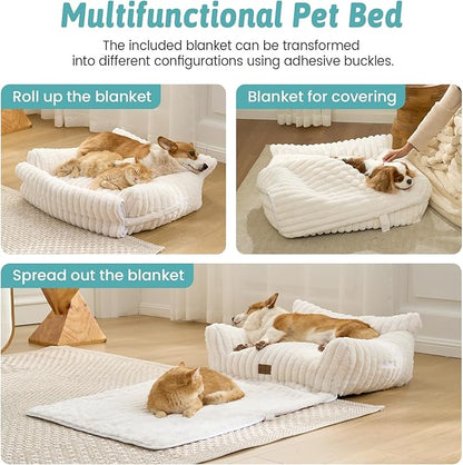 Cute Cat Bed with Removable Cover, Multifunctional Plush Faux Fur Pet Couch Bed with Blanket, Ultra-Soft Pet Furniture for Cats & Small Dogs (Cream, S: 25''x18'')