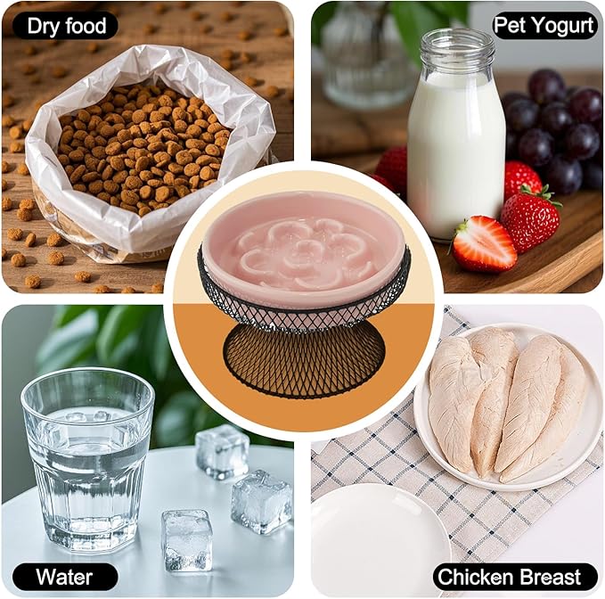 Raised Ceramic Cat Slow Feeder Bowl Elevated Food Bowl with Stand, Cat Slow Bowl for Wet Food and Dry Food, Whisker Friendly Pet Feeder for Kitty and Small Dog