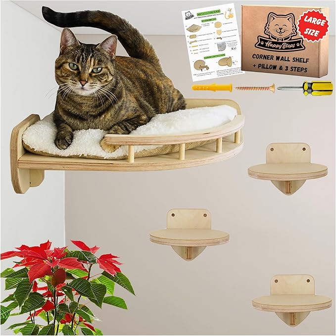 Large Cat Wall Shelves w/Pillow + 3 Steps for Large Size Cats, Orthopedic Design with Premium Hardwood, Modern and Durable Shelves for Climbing, Cat Shelf Wall Steps Tree Perch