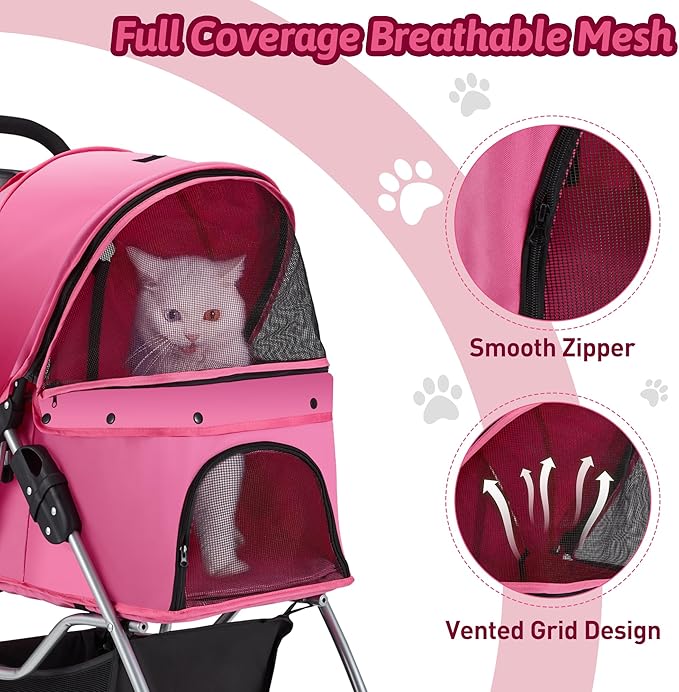 Azaeahom Pet Stroller, 4 Wheels Pet Strolling Cart for Medium/Small Dogs and Cats, Foldable Cat Jogger/Dog Stroller with Cup Holder, Storage Basket, Breathable Mesh, All-Season Pet Carrier, Pink