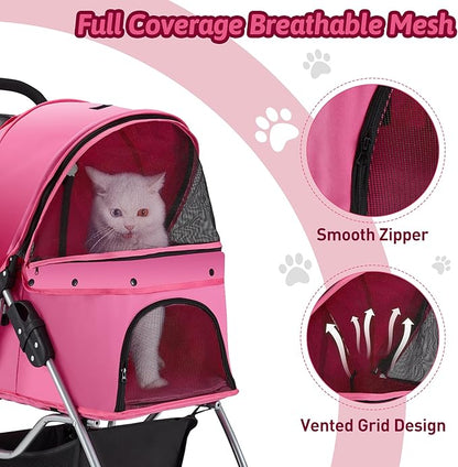 Azaeahom Pet Stroller, 4 Wheels Pet Strolling Cart for Medium/Small Dogs and Cats, Foldable Cat Jogger/Dog Stroller with Cup Holder, Storage Basket, Breathable Mesh, All-Season Pet Carrier, Pink