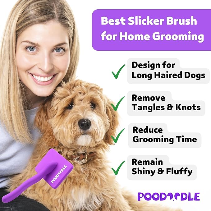Small Slicker Brush, Purple, Hair Brush for Curly Wavy Haired Dogs - Poodles, Doodles, Bichon, Bernese Mountain Dog, Cocka Spaniels - Detangling, Grooming, Deshedding - 1 inch