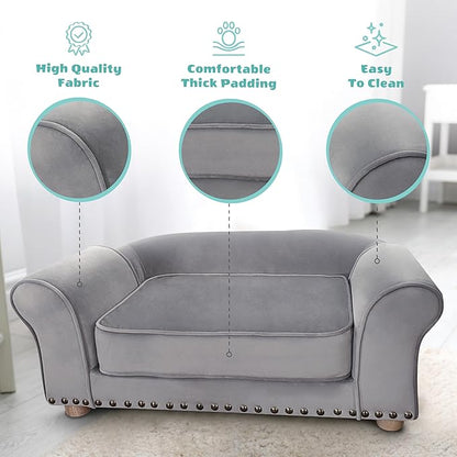 Critter Sitters 34-in. Faux Velvet Pet Bed Sofa in Dark Gray for Medium-Sized Dogs and Cats, Durable Indoor Pet Furniture for Bedroom, Living Room