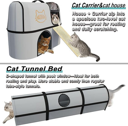 Pet 4-in-1 Cat Tunnel, Carrier, House & Scratcher – Detachable and Combinable – Indoor Beds, Outdoor Use, Cat Toys & Furniture (Gray)