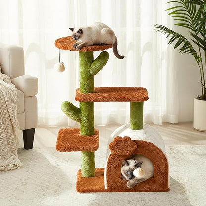 Cactus Cat Tree for Indoor Cats with Cozy Condo Wide Top Perch Multi-Level Climbing and Lounging Space 27.5inch Plush, Brown