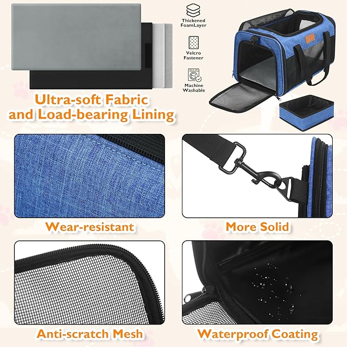 PETUX Airline Approved Cat Carrier or Small Cat up to 12 lb - 17x11x9.5 in Underseat, Top & Side Entry Pet Carrier with Breathable Anti-Scratch Mesh & Litter Box for Travel and Vet Visit - Blue