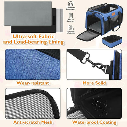 PETUX Airline Approved Cat Carrier or Small Cat up to 12 lb - 17x11x9.5 in Underseat, Top & Side Entry Pet Carrier with Breathable Anti-Scratch Mesh & Litter Box for Travel and Vet Visit - Blue