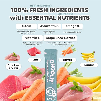 Choolip Squeeze Vita Stick Lickable Cat Treats & Dog Puree – 7-Count Eye Support Tubes, Creamy Grain-Free High-Protein Puree with Lutein, Astaxanthin & Omega 3 for Healthy Vision & Eye Care