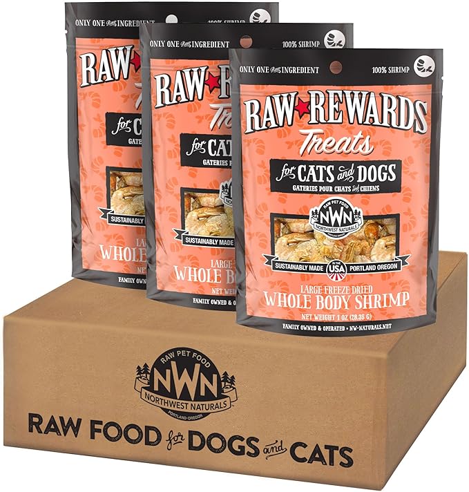 Northwest Naturals Raw Rewards Freeze-Dried Shrimp Treats for Dogs and Cats - Bite-Sized Pieces - Healthy, 1 Ingredient, Human Grade Ingredients, All Natural, Proudly Made in USA, 1 Oz (Pack of 3)