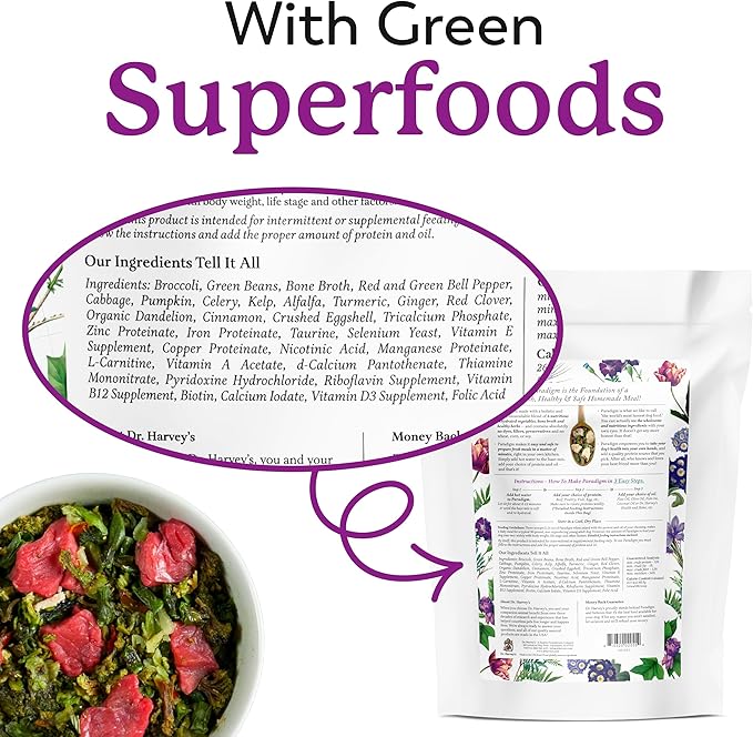 Dr. Harvey's Paradigm Green Superfood Dog Food, Human Grade Dehydrated Grain Free Base Mix for Dogs, Diabetic Low Carb Ketogenic Diet (3 Pounds)