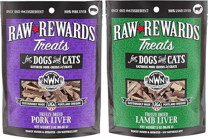 Northwest Naturals Raw Rewards Freeze-Dried Treats - Pork Liver (3 oz) & Lamb Liver (3 oz) Treats for Dogs & Cats - Healthy, 1 Ingredient, Human Grade Ingredients, All Natural
