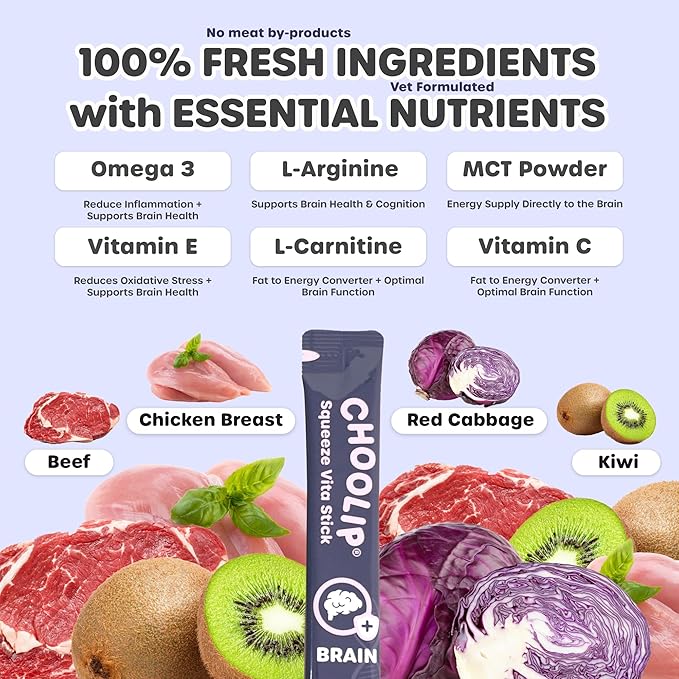 Choolip Squeeze Vita Stick Lickable Cat Treats & Dog Puree – 7-Count Brain Support Tubes, Creamy Grain-Free High-Protein Puree with DHA, Omega 3 & Vitamin B12 for Memory & Cognitive Health