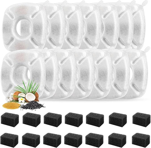 Porens 28 Pcs Cat Water Fountain Replacement Filters-14 Pack Water Fountain Filters 14 Pack Pre-Filter Sponges, Pet fountain replacement filters Fit for 95oz/2.8L Cat Pet Fountain, white + black