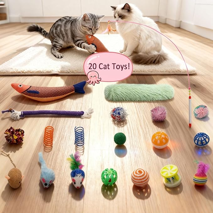 Cat Tunnel Bed with 20 Cat Toys, Collapsible Play Tunnel for Indoor Cats, Kitten Toys for Indoor Kittens, Octopus Shaped