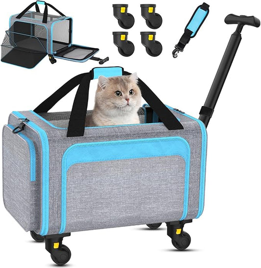 3-in-1 Pet Carrier with Wheels, 18" x 11" x 11" TSA Airline Approved, Cat Carrier on Wheels for Small Cats Up to 15Lbs, Rolling Pet Carrier, Cat Soft-Sided Bag for Flying, Travel & Vet(Not for Dogs)