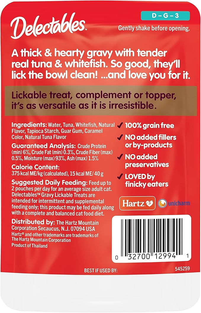 Hartz Delectables Gravy Lickable Wet Cat Treat & Food Topper, Tuna & Whitefish, 12 Pack, 1.40 Ounce (Pack of 12)