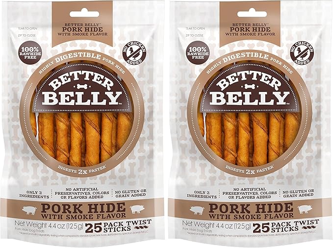 Better Belly Highly Digestible Rawhide Twist Sticks Chews, Treat Your Dog to a Chew with NO Artificial Colors or Flavors 25 Count (Pack of 2)