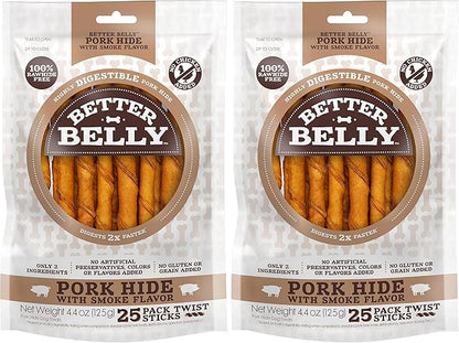 Better Belly Highly Digestible Rawhide Twist Sticks Chews, Treat Your Dog to a Chew with NO Artificial Colors or Flavors 25 Count (Pack of 2)