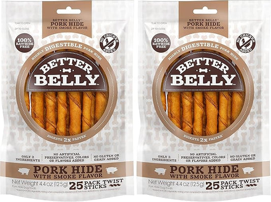 Better Belly Highly Digestible Rawhide Twist Sticks Chews, Treat Your Dog to a Chew with NO Artificial Colors or Flavors 25 Count (Pack of 2)