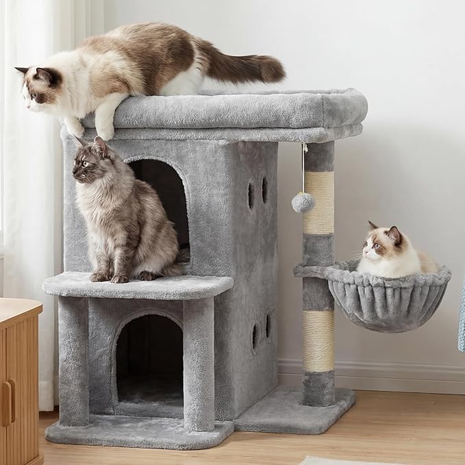 Heybly Cat Tree, 25.6-inch Cat Tower with Spacious Top Perch for Large Cats, Stair-Style Cat House Furniture with Dual-Layer Condos, Sisal Scratching Posts, Cozy Basket & Pompom, Light Gray HCT204SW