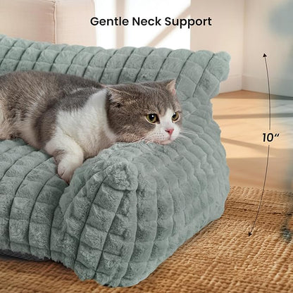 Cute Cat Couch Bed – Supportive & Fluffy Pet Sofa with Faux Rabbit Fur Washable Cover in 3D Diamond Pattern, 24" Grey