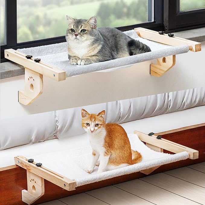 Cat Cuddles Adjustable Wooden Cat Window Perch - Sill-Mounted Cat Hammock Bed & Sturdy Window Seat for Large & Indoor Cats - Tool-Free Install, Washable Cushion