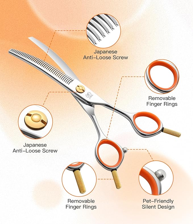 Fenice Peak 6'' Small Curved Thinning Scissors Lightweight Dog Cat Grooming Scissors with Safety Round Tip JP440C Stainless Steel