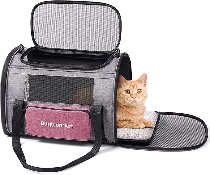 BurgeonNest Cat Carriers for Medium Puppy Under 25 lbs, Pet Carrier for Cats with Unique Side Bag,Top Load Small Pet Bag Soft-Sided Escape Proof with 4 Ventilated Windows