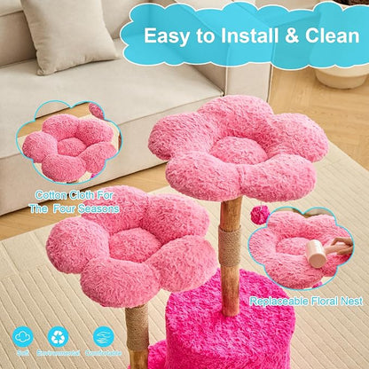 Modern Cat Tree Tower with Real Branch | Luxury Cat Condo for Large Cats | Wooden Cat Tower | Cat Scratching Tree for Cat Lover Gift （Pink ）