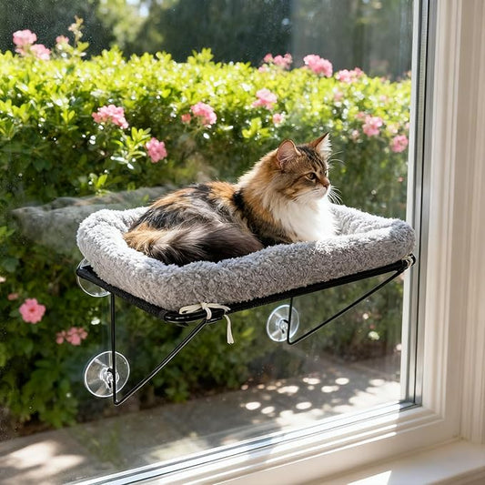Cat Window Perch, Cordless Cat Hammock Window Seat with Sturdy Metal Frame Supports and 4 Strong Suction Cups (Grey, Short Hair)