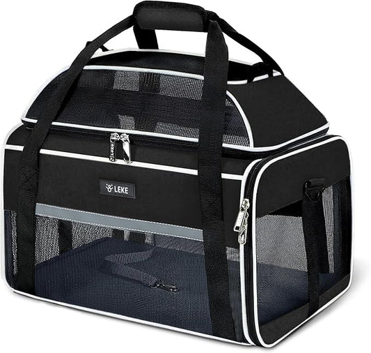 Lekereise Top-Expandable Pet Carrier - TSA Airline Approved Soft Sided Underseat Up to 15lbs Travel Carriers for Small Cats and Dogs with Locking Safety Zippers Anti-Scratch Mesh Large