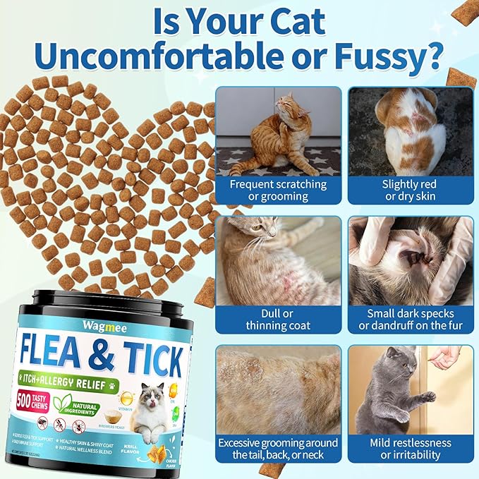 Natural Cat Flea Treatment Chewables – 500 Crunchy & Creamy Tasty Chews, Flea and Tick Prevention for Cats with Skin & Coat Support, Oral Flea & Tick Supplement & Allergy Relief for Cats, Chicken