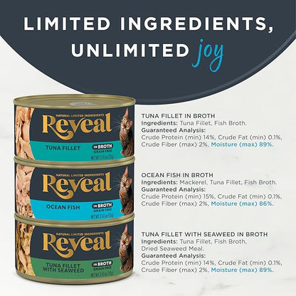 Reveal Natural Wet Canned Cat Food, Limited Ingredient, Grain-Free, High Protein with No Artificial Additives, Fish Variety in Broth (12 x 2.47 oz Cans)