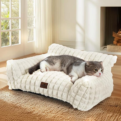 Cat Beds for Indoor Cats - Cute Cat Couch Bed Fluffy Pet Sofa with Faux Rabbit Fur Washable Cover, Fuzzy Pet Couch in 3D Diamond Pattern, Suppportive Large & Small Cats Sofa, 24inch Off White