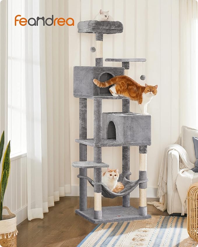 Feandrea Cat Tree, 75.2-Inch Cat Tower for Indoor Cats, Plush Multi-Level Cat Condo with 5 Scratching Posts, 2 Perches, 2 Caves, Hammock, 2 Pompoms, Light Gray UPCT191W01