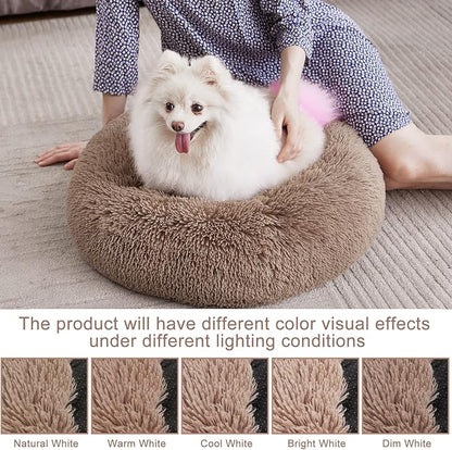MIXJOY Calming Cat Beds for Indoor Cats, 20'' Kitten Donut Beds for Pet Up to 15lbs, Fluffy Small Cat Cuddler, Anti-Anxiety Plush Faux Fur Large Pet Bed Washable (20'', Brown)