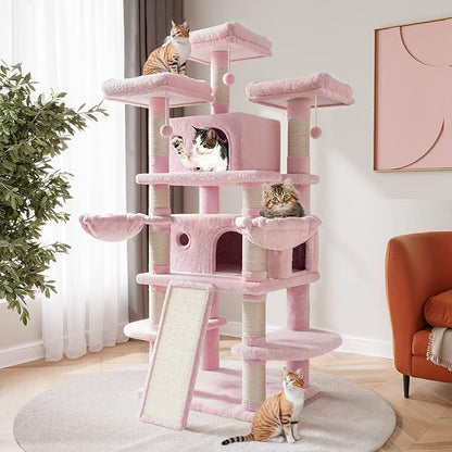 SHA CERLIN 68 Inches Multi-Level Large Cat Tree for Large Kitties/Big Cat Tower with Condo/Cozy Plush ‌Pussycat Perches/Sisal Scratching Posts and Hammocks/Activity Center/Pink