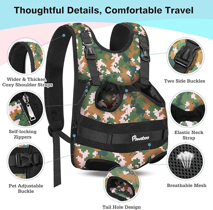 Pawaboo Pet Dog Front Carrier Backpacks, Legs Out Pet Carrier Backpack for Dogs, Adjustable Easy-fit Dog Chest Carriers for Small Medium Dogs Hands Free for Travel Hiking Cycling Camping, S, Camo