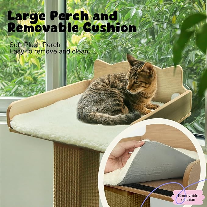 Cat Window Perch with Thick Sisal Scratching Post, Cat Hammock for Window, 53.5" Adjustable Tall Cats Scratching Post with 2 Upgrade Suction Cups, Cats Window Bed with Fluffy Cushion, Jute