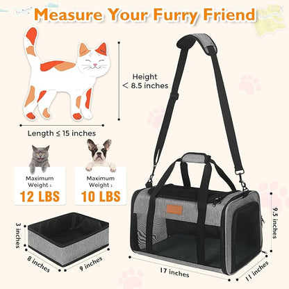 PETUX Airline Approved Cat Carrier or Small Cat up to 12 lb - 17x11x9.5 in Underseat, Top & Side Entry Pet Carrier with Breathable Anti-Scratch Mesh & Litter Box for Travel and Vet Visit - Grey