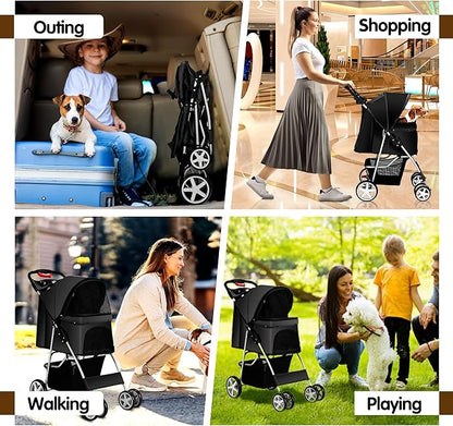 Pet Stroller, 4 Wheels Pet Strolling Cart for Medium/Small Dogs and Cats, Foldable Cat Jogger/Dog Stroller with Cup Holder, Storage Basket, Breathable Mesh, All-Season Pet Carrier, Black