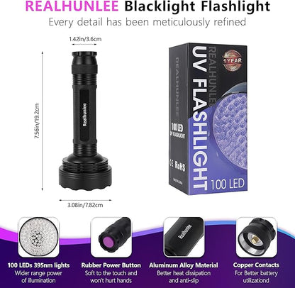 UV Flashlight Black Light, Ultra Bright 100 LED 395 nM Ultraviolet Blacklight Detector with UV Protective Glasses for Dry Pet Dog Cat Urine Stains, Bed Bug, Scorpions Matching with Pet Odor Eliminator