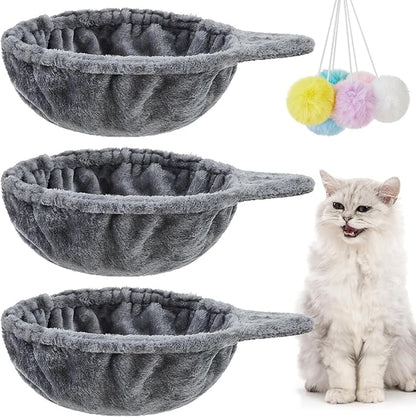 3 Pack 13" Large Cat Tree Hammock Basket Bed Lounger Tower Replacement Parts with 6 Pcs Hanging Elastic Strings Pom Pom Toys, Cat Tree Accessories Hammock Attachment (Gray)