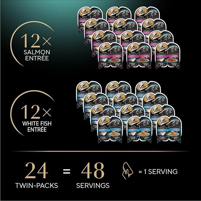 Sheba Gravy Indulgence Adult Wet Cat Food Salmon Entree in Extra Gravy and White Fish Entree Variety Pack, 2.6 oz. Twin-Pack Trays, (12 Count, 24 Servings) (Pack of 2)