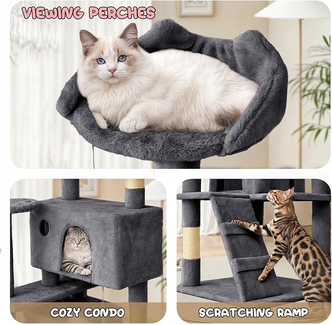 MoNiBloom 77 Inch Cat Tree Tower for Indoor Cats Large Adults, Tall Cat Tower with Scratching Post, Multi-Level Furniture Activity Center with Cat Condo Pet Play House, Smoky Grey