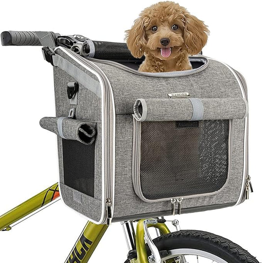 Dog Bike Basket, Expandable Soft-Sided Pet Carrier Backpack with 4 Open Doors, 4 Mesh Windows for Small Dog Cat Puppies - Grey