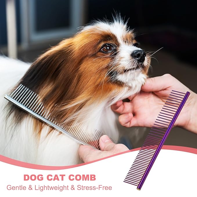 Dog Cat Comb, Pet Combs Stainless Steel Teeth with Rounded Ends for Knots Mats Loose Hair Removal, 6.5IN (Purple Plated, 3 Pack), Grooming Tool Intended for Long Curly Hair Pet