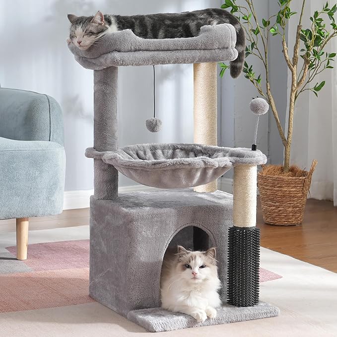 Cat Tree 32 Inches Small Cat Tower with Large Hammock Dia 15.7”,Self Groomer, Fully Scratching Post, Removable Top Bed and Wide Hideway Condo for Indoor Cats-Gray
